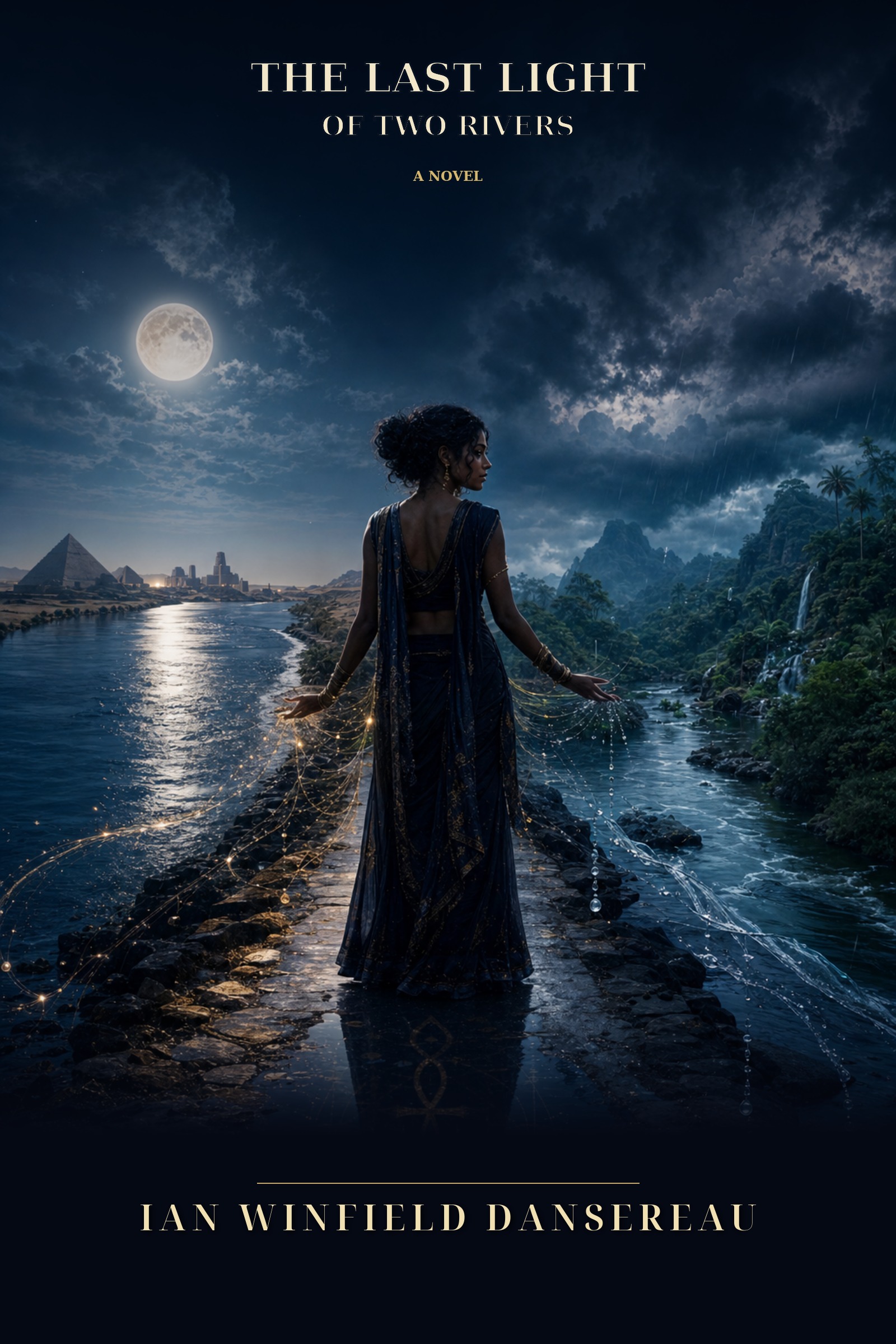 Front cover of The Last Light of Two Rivers by Ian Winfield Dansereau: a woman with dark curly hair, seen from behind in a flowing indigo gown, stands on a moonlit stone causeway between two rivers — an ancient river flanked by pyramids on the left, a tropical highland with waterfalls on the right — with threads of golden light trailing from her hands into the water and a gold emblem below. An Odisena Library novel.