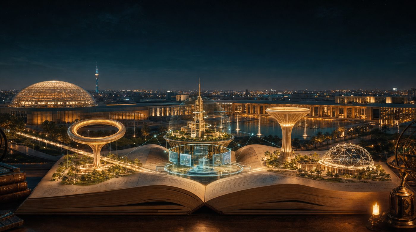 A luminous atlas of civic and frontier inventions rendered in amber and teal